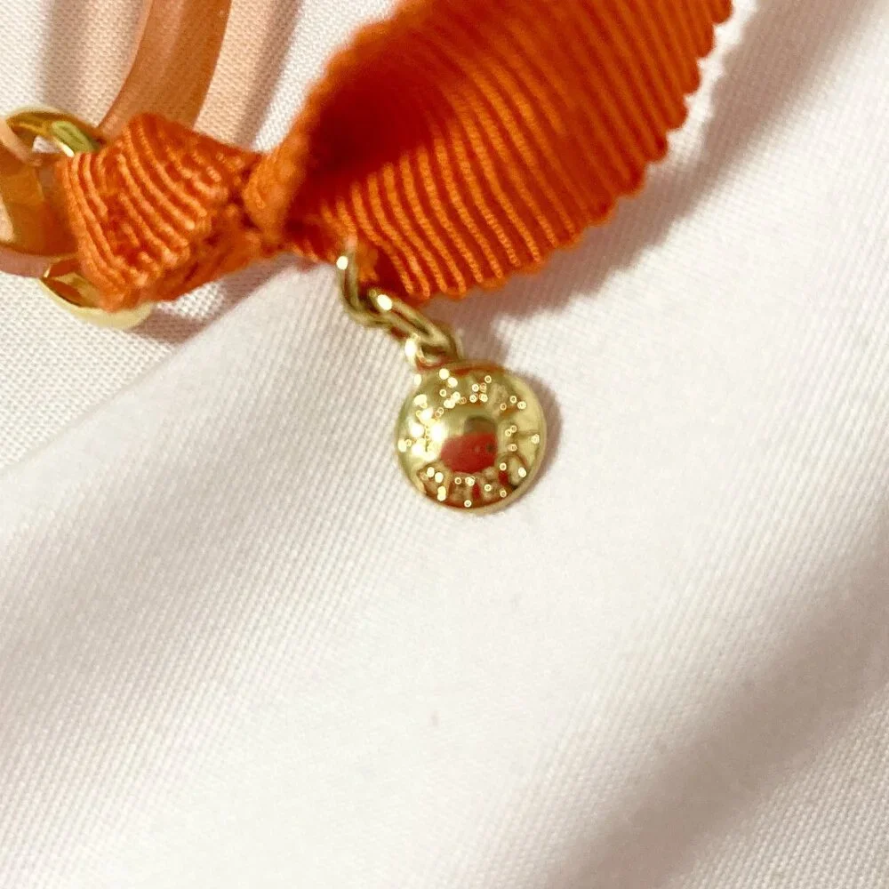 J. Crew Coral Orange Acrylic Link Statement Necklace Gold Tone Ribbon Tie